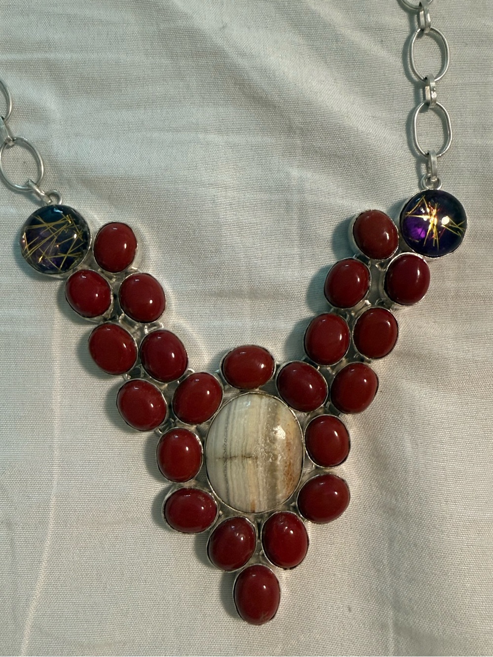 Estate sale jewelry silver jasper cabochon bib necklace